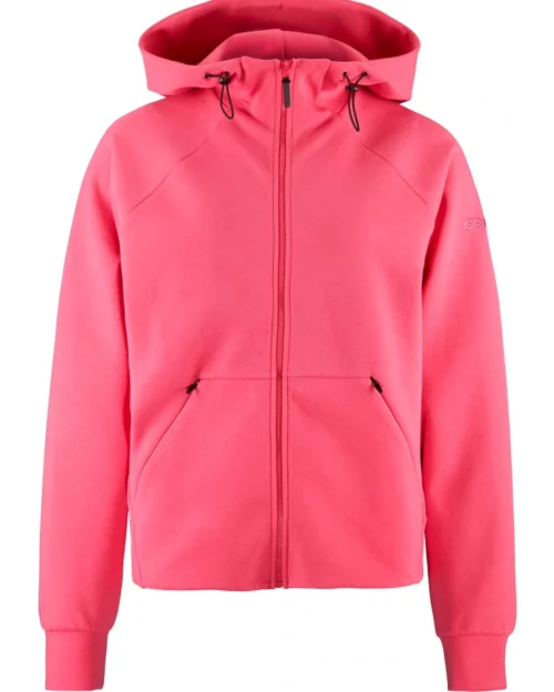 Pinkki vetoketjullinen huppari valkoisella tekstillä