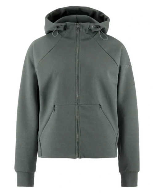 Salvianvihreä vetoketjullinen huppari valkoisella taustalla